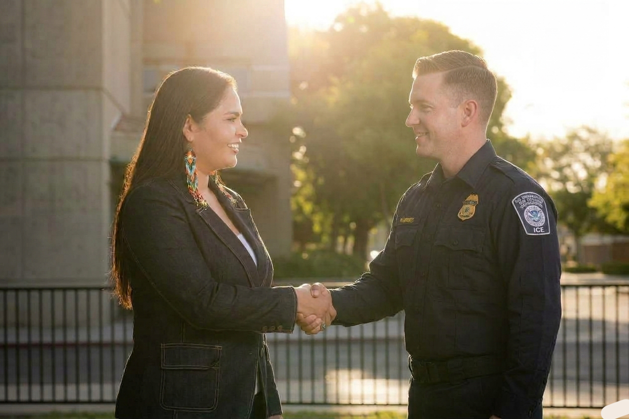 AI-generated illustration of a woman shaking hands with an ICE officer. Does not depict an actual meeting.