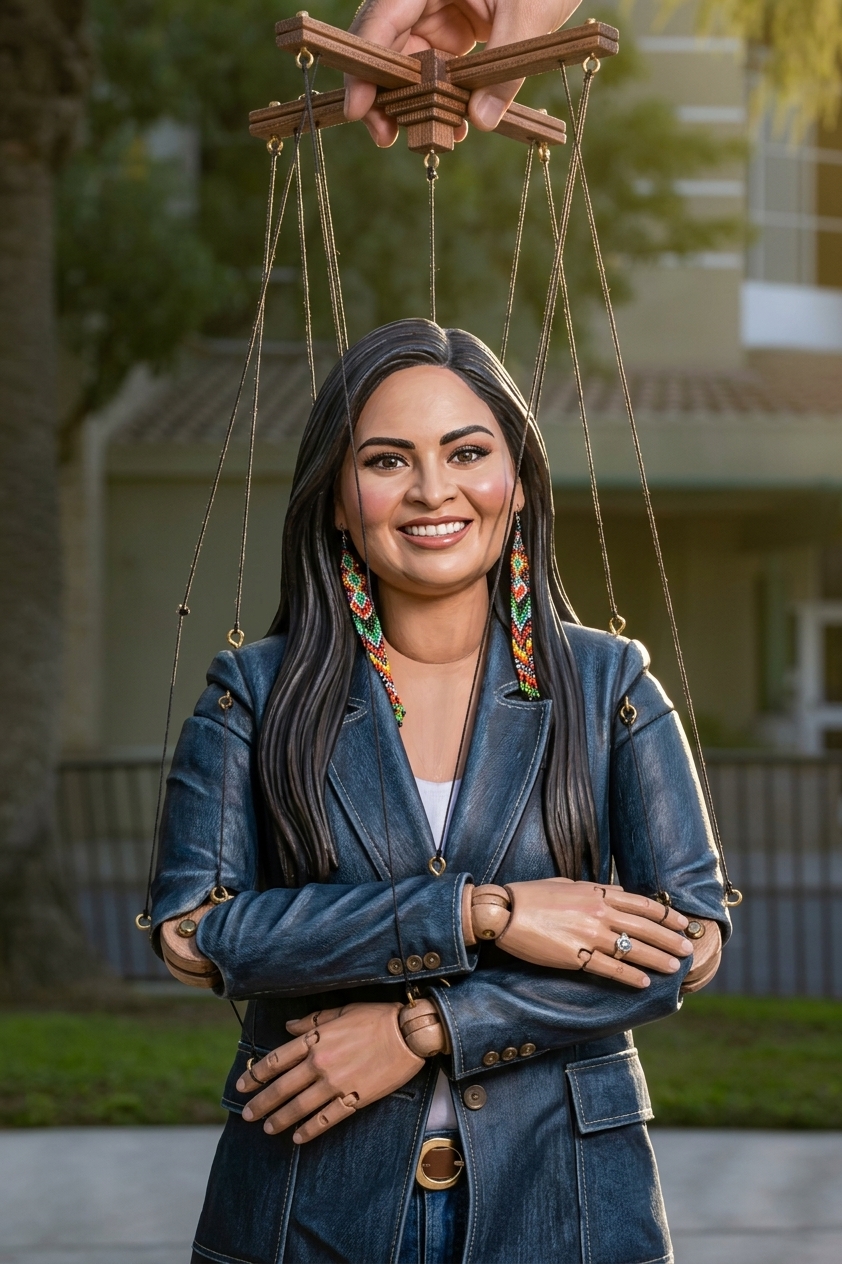 Satirical illustration of Maria Pacheco as a marionette controlled by puppet strings.